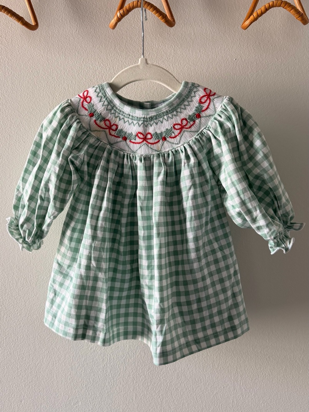 Lillie & Lilah ChristmasMint Green Gingham Smocked Dress with Red Bow Embroidery